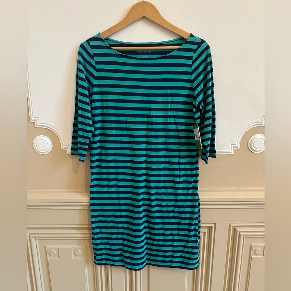 Lilly Pulitzer Cassie Dress Stripes Shift Boat M Blue Green 3/4 Sleeves New